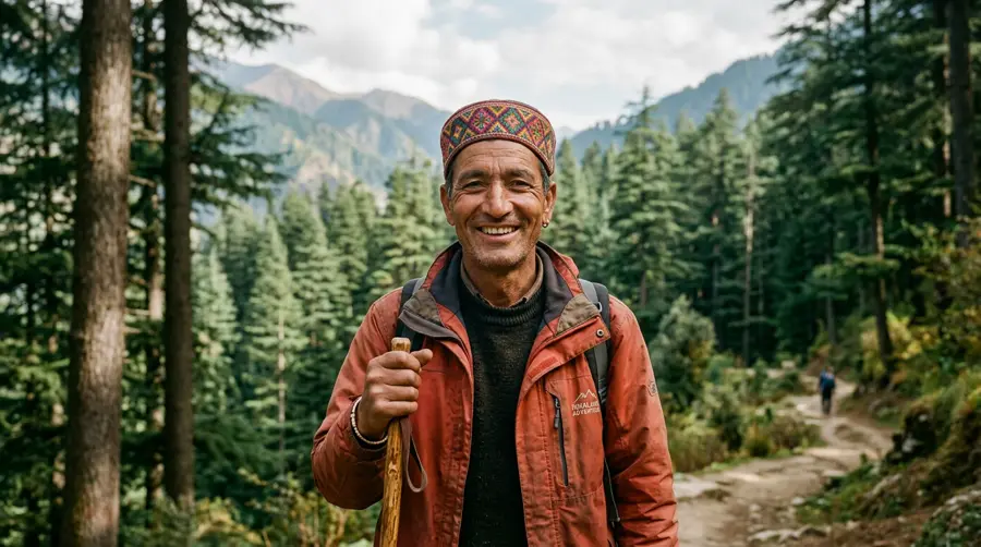 A Himachali mountain guide in a traditional Kullu cap